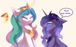 Size: 2048x1289 | Tagged: safe, artist:maxi_ponie, artist:maxip0ny, princess celestia, princess luna, alicorn, pony, g4, :p, celestia's crown, chest fluff, crown, dialogue, duo, duo female, ear fluff, ears back, ethereal mane, eyebrows, eyebrows visible through hair, eyes closed, eyeshadow, female, folded wings, food, glowing, glowing horn, happy, horn, jewelry, luna's crown, magic, magic aura, makeup, mare, open mouth, peytral, pizza, regalia, royal sisters, siblings, silly, silly face, sisters, sitting, speech bubble, starry mane, tongue out, wings