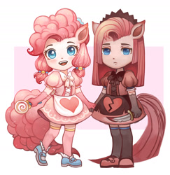 Size: 2359x2425 | Tagged: safe, artist:koyii-kong, pinkie pie, human, g4, ambiguous facial structure, candy, chibi, clothes, dress, duality, eared humanization, food, high res, humanized, knife, lolita fashion, lollipop, looking at you, passepartout, pinkamena diane pie, smiling, smiling at you, tail, tailed humanization