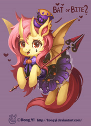 Size: 2550x3528 | Tagged: safe, artist:kongyi, artist:koyii-kong, fluttershy, bat pony, pony, g4, bat ponified, clothes, dress, female, flutterbat, flying, hat, heart, high res, horns, looking at you, mare, purple background, race swap, simple background, smiling, smiling at you, solo, spear, staff, top hat, weapon