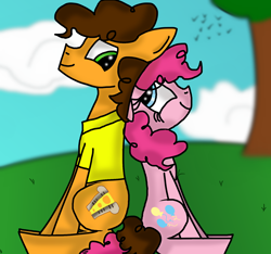 Size: 1600x1500 | Tagged: safe, artist:rai2n, cheese sandwich, pinkie pie, bird, earth pony, pony, g4, duo, duo male and female, female, grass, looking at each other, looking at someone, male, mare, outdoors, ship:cheesepie, shipping, sitting, sky, smiling, smiling at each other, stallion, straight, tree