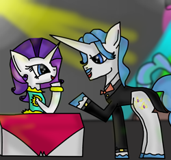 Size: 1600x1500 | Tagged: safe, artist:rai2n, fancypants, rarity, pony, unicorn, g4, bowtie, clothes, dress, duo, duo male and female, female, horn, indoors, male, mare, ship:raripants, shipping, smiling, stallion, straight, suit