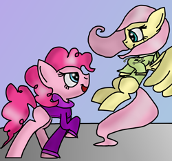 Size: 1600x1500 | Tagged: safe, artist:rai2n, fluttershy, pinkie pie, earth pony, pegasus, pony, g4, clothes, duo, duo female, female, flying, hoodie, looking at each other, looking at someone, missing cutie mark, smiling, smiling at each other