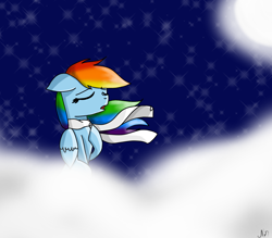 Size: 1600x1400 | Tagged: safe, artist:rai2n, rainbow dash, pegasus, pony, g4, clothes, cloud, eyes closed, female, floppy ears, mare, moon, night, on a cloud, outdoors, scarf, sitting, sitting on a cloud, sky, solo, stars, windswept mane