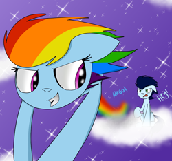 Size: 1600x1500 | Tagged: safe, artist:rai2n, rainbow dash, soarin', pegasus, pony, g4, cloud, female, looking back, male, mare, night, on a cloud, outdoors, ship:soarindash, shipping, sitting, sitting on a cloud, sky, smiling, stallion, stars, straight, windswept mane