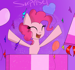 Size: 1600x1500 | Tagged: safe, artist:rai2n, pinkie pie, earth pony, pony, g4, balloon, confetti, eyes closed, female, glitter, heart, heart balloon, mare, present, smiling, solo, surprise!