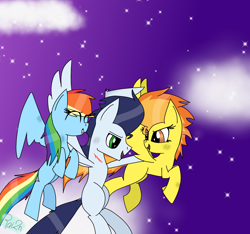 Size: 1600x1500 | Tagged: safe, artist:rai2n, rainbow dash, soarin', spitfire, pegasus, pony, g4, blood, cloud, eyes closed, female, flying, male, mare, night, outdoors, scratches, ship:soarindash, shipping, sky, smiling, stallion, stars, straight