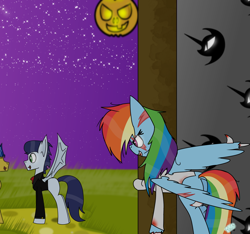 Size: 1600x1500 | Tagged: safe, artist:rai2n, flash sentry, rainbow dash, soarin', bat pony, pegasus, pony, g4, bat pony costume, clothes, contest entry, costume, evil smile, female, halloween, holiday, jack-o-lantern, male, mare, night, nightmare night costume, outdoors, pumpkin, ship:soarindash, shipping, smiling, stallion, straight, vampire costume, zombie costume