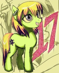 Size: 2000x2500 | Tagged: safe, artist:skypaw10, oc, oc only, earth pony, pony, abstract background, earth pony oc, full body, green coat, open mouth, open smile, smiling, solo