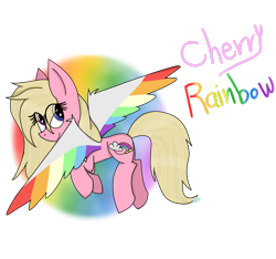 Size: 1600x1500 | Tagged: safe, artist:rai2n, oc, oc only, oc:cherry rainbow, pegasus, pony, art trade, colored wings, female, flying, looking back, mare, multicolored wings, rainbow wings, simple background, smiling, solo, spread wings, transparent background, wings