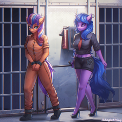 Size: 2000x2000 | Tagged: safe, artist:adagiostring, izzy moonbow, sunny starscout, earth pony, unicorn, anthro, plantigrade anthro, g5, belly, belly button, clothes, cuffed, female, females only, horn, indoors, jail, jail cell, mane stripe sunny, overseer, prison, prison guard position, prison outfit, prisoner, shackles, walking