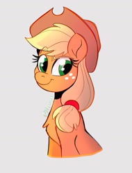 Size: 1418x1862 | Tagged: safe, artist:mazzyna, applejack, earth pony, pony, g4, applejack's hat, chest fluff, cowboy hat, eyebrows, eyebrows visible through hair, female, freckles, gray background, hairband, hat, looking at you, mare, raised eyebrow, simple background, smiling, smiling at you, solo