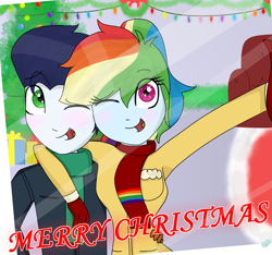 Size: 1600x1500 | Tagged: safe, artist:rai2n, rainbow dash, soarin', human, equestria girls, g4, arm around neck, chair, christmas, christmas lights, christmas tree, clothes, female, holiday, indoors, male, merry christmas, mittens, ponytail, present, scarf, ship:soarindash, shipping, smiling, straight, sweater, tree