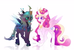 Size: 4096x2756 | Tagged: safe, artist:dazetzky, princess cadance, queen chrysalis, alicorn, changeling, changeling queen, pony, g4, alternate design, curved horn, duo, female, horn, infidelity, jewelry, lesbian, mare, peytral, regalia, sharp teeth, ship:cadalis, shipping, simple background, teeth, unshorn fetlocks, white background