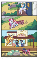 Size: 1522x2339 | Tagged: safe, artist:skysorbett, oc, oc only, oc:sky sorbet, oc:twister joy, pegasus, pony, comic:breaking free #2, building, comic, female, house, male, mare, outdoors, police, railroad, stallion, train station