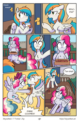 Size: 1522x2339 | Tagged: safe, artist:skysorbett, oc, oc only, oc:sky sorbet, oc:twister joy, pegasus, pony, comic:breaking free #2, comic, female, male, mare, outdoors, stallion