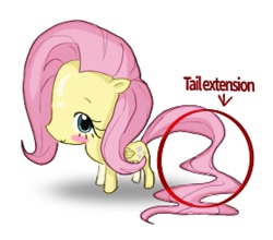 Size: 1139x1004 | Tagged: safe, artist:raritmiu, fluttershy, pegasus, pony, g4, blushing, female, mare, shitposting, simple background, solo, tail, tail extensions, white background