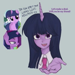 Size: 1479x1471 | Tagged: safe, artist:raritmiu, twilight sparkle, human, pony, unicorn, g4, clothes, evil twilight, female, horn, horned humanization, humanized, mare, necktie, solo, unicorn twilight