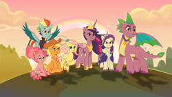 Size: 2400x1350 | Tagged: safe, artist:prixy05, applejack, fluttershy, pinkie pie, rainbow dash, rarity, spike, twilight sparkle, alicorn, earth pony, pegasus, pony, unicorn, g4, g5, my little pony: friendship is magic, my little pony: tell your tale, the last problem, end of g4, female, flowing mane, g4 to g5, generation leap, horn, jewelry, mane seven, mane six, mare, older, older applejack, older fluttershy, older mane seven, older mane six, older pinkie pie, older rainbow dash, older rarity, older spike, older twilight, older twilight sparkle (alicorn), outdoors, princess twilight 2.0, rainbow, regalia, scene interpretation, tell your tale style, twilight sparkle (alicorn)