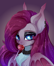 Size: 3727x4500 | Tagged: safe, artist:xsatanielx, oc, oc only, oc:enya lunar eclipse, bat pony, pony, absurd resolution, bat pony oc, bat wings, candy, female, food, lollipop, mare, slit pupils, solo, wings