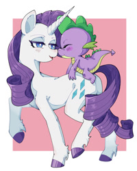 Size: 1191x1492 | Tagged: safe, artist:破坏海胆boom, rarity, spike, dragon, pony, unicorn, g4, my little pony: friendship is magic, age difference, blushing, boop, butt, cute, dragons riding ponies, duo, duo male and female, eyes closed, female, horn, looking at each other, looking at someone, male, passepartout, plot, riding, riding a pony, ship:sparity, shipping, spikabetes, spike riding rarity, spikelove, straight, wingless spike