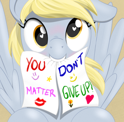 Size: 984x968 | Tagged: safe, artist:eels, derpy hooves, pegasus, pony, g4, bust, cute, derpabetes, don't dead open inside, female, heart, heart eyes, looking at you, mare, meme, mouth hold, paper, positive message, positive ponies, smiling, smiling at you, solo, wingding eyes