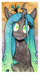 Size: 2974x5536 | Tagged: safe, artist:dandy, queen chrysalis, changeling, changeling queen, g4, absurd resolution, crown, eye clipping through hair, high res, horn, jewelry, looking at you, passepartout, regalia, smiling, smirk, solo, traditional art, watercolor painting