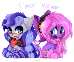 Size: 5000x4200 | Tagged: safe, artist:xsatanielx, oc, oc only, oc:cinnabyte, oc:lillybit, earth pony, pony, absurd resolution, blushing, bow, chibi, clothes, commission, duo, duo female, ear fluff, earth pony oc, female, glasses, hair bow, headphones, lesbian, looking at each other, looking at someone, mare, music, oc x oc, scarf, sharing, sharing headphones, shipping, simple background, sitting, socks, striped socks, transparent background, ych result