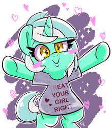 Size: 1320x1497 | Tagged: safe, artist:lou, lyra heartstrings, pony, unicorn, g4, bipedal, blushing, clothes, cute, daaaaaaaaaaaw, female, horn, looking at you, lyrabetes, mare, meme, open arms, shirt, solo, t-shirt