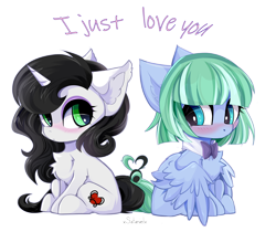 Size: 5000x4200 | Tagged: oc name needed, safe, artist:xsatanielx, oc, oc only, oc:silky strings, pegasus, pony, unicorn, absurd resolution, blushing, chest fluff, chibi, commission, duo, ear fluff, horn, looking at each other, looking at someone, oc x oc, pegasus oc, shipping, simple background, sitting, spread wings, tail, transparent background, unicorn oc, wings, ych result