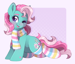 Size: 2048x1739 | Tagged: safe, artist:adostume, minty, earth pony, pony, g3, :p, clothes, cute, cutie mark, digital art, eyebrows, female, looking at you, one eye closed, scarf, simple background, socks, solo, striped socks, tongue out, wink