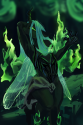 Size: 1565x2354 | Tagged: safe, artist:zitrown, changeling, changeling queen, anthro, female, fire, fusion:daybreaker, fusion:queen chrysalis, green fire, solo