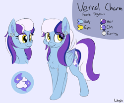 Size: 1625x1350 | Tagged: safe, artist:litrojia, oc, oc only, oc:vernal charm, pegasus, pony, chest fluff, color palette, cutie mark, ear fluff, ear piercing, earring, eye clipping through hair, female, jewelry, mare, pegasus oc, piercing, reference sheet, solo