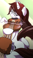 Size: 720x1280 | Tagged: safe, artist:fenriz278, oc, oc only, pony, unicorn, bow (instrument), butt, female, glasses, horn, mare, musical instrument, playing instrument, plot, solo, violin, violin bow