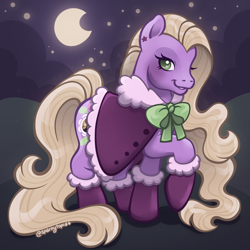 Size: 2400x2400 | Tagged: safe, artist:sparkytopia, november nights, earth pony, pony, g3, boots, cape, clothes, ear piercing, earring, female, green eyes, jewel birthday ponies, jewelry, looking at you, mare, moon, night, outdoors, piercing, purple coat, raised hoof, shoes, signature, smiling, solo, stars, yellow mane