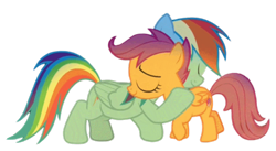 Size: 1280x700 | Tagged: safe, edit, edited screencap, editor:dracoawesomeness, screencap, rainbow dash, scootaloo, pegasus, pony, campfire tales, g4, my little pony: friendship is magic, background removed, cute, cutealoo, daaaaaaaaaaaw, dashabetes, duo, duo female, eyes closed, female, filly, foal, hug, mare, not a vector, scootalove, simple background, smiling, transparent background