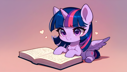 Size: 3840x2176 | Tagged: safe, ai composition, ai content, generator:tponynai3, prompter:truekry, twilight sparkle, alicorn, pony, g4, book, bookhorse, chibi, cute, gradient background, reading, sitting, solo, twiabetes, twilight sparkle (alicorn), wallpaper