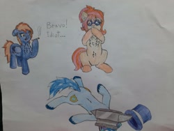 Size: 2048x1536 | Tagged: safe, artist:💎blue, oc, oc only, oc:blueshield, oc:caramel salt, oc:emna tempest, earth pony, pegasus, pony, unicorn, anvil, cartoon physics, chest fluff, cigarette, family guy death pose, female, gasp, glasses, hat, horn, insult, male, mare, ouch, paper, pencil, peter griffin, shocked, sitting, stallion, text, top hat, well that escalated quickly, worried