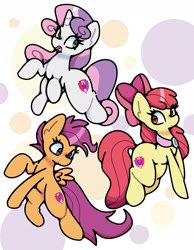 Size: 2341x3014 | Tagged: safe, artist:kindakismet, apple bloom, scootaloo, sweetie belle, earth pony, pegasus, pony, unicorn, g4, abstract background, apple bloom's bow, bow, cutie mark crusaders, female, filly, foal, hair bow, happy, horn, open mouth, open smile, smiling, trio