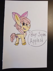 Size: 3060x4080 | Tagged: safe, artist:salty air, derpibooru exclusive, apple bloom, earth pony, pony, g4, adorabloom, apple bloom's bow, blush lines, blush sticker, blushing, bow, buy some apples, colored pencil drawing, cute, cutie mark, drawing, female, filly, foal, hair bow, no catchlights, open mouth, orange eyes, paper, photo, pink bow, red mane, red tail, signature, smiling, speech bubble, standing, tail, teeth, traditional art, unshorn fetlocks, yellow coat