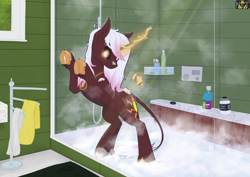 Size: 4092x2893 | Tagged: safe, artist:netango, oc, oc only, oc:ts'eḥāyi, classical unicorn, pony, unicorn, bath, bathroom, cloven hooves, commission, curved horn, female, horn, indoors, leonine tail, looking at you, magic, magic aura, mare, shower, showering, standing, standing on two hooves, tail, telekinesis, unicorn oc, unshorn fetlocks