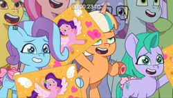 Size: 2160x1215 | Tagged: safe, screencap, fantastic shimmer, glory (g5), peach fizz, pipp petals, seashell (g5), shortcakes the strawberry dessert pony, earth pony, pegasus, pony, unicorn, g5, got to trot, my little pony: tell your tale, leak, spoiler:g5, spoiler:my little pony: tell your tale, spoiler:tyts02e24, about to faint, cute, female, filly, foal, glorydorable, horn, mare, on hind legs, open mouth, open smile, peachsweet, pippsqueak trio, pippsqueaks, poster, shellabetes, smiling, starry eyes, tail, wingding eyes