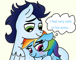 Size: 1280x1007 | Tagged: safe, artist:mrsdashskies, rainbow dash, soarin', pegasus, pony, blushing, female, hug, male, mare, ship:soarindash, shipping, stallion, straight