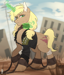 Size: 2300x2700 | Tagged: safe, artist:soahonga, oc, oc only, oc:bulls eye, unicorn, fallout equestria, bondage, chains, clothes, collar, disgusted, horn, jacket, leather, leather jacket, ruins, scar, shackles, slave, slave collar, slavery, solo, unicorn magic, unicorn oc