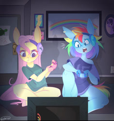 Size: 924x985 | Tagged: safe, artist:fluffyfoxarts, fluttershy, rainbow dash, anthro, clothes, headset, shirt, video game