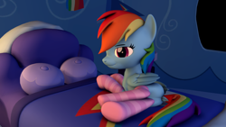 Size: 1920x1080 | Tagged: safe, artist:scorp125, rainbow dash, pegasus, pony, 3d, bed, butt, clothes, dock, on bed, plot, rainbow dash's bedroom, rainbutt dash, smiling, socks, solo, source filmmaker, tail