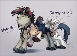 Size: 2953x2155 | Tagged: safe, artist:mithriss, oc, oc:inju, pegasus, pony, undead, unicorn, zombie, zombie pony, bone, broken horn, choker, cross-popping veins, displeased, ears back, emanata, fangs, horn, male, pushing, rump push, simple background, spiked choker, spread wings, stallion, stitched body, stitches, text, torn ear, wings