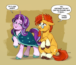 Size: 3235x2756 | Tagged: safe, artist:birdoffnorth, starlight glimmer, sunburst, pony, unicorn, g4, accessory swap, cape, cheek fluff, chest fluff, cloak, clothes, coat markings, dialogue, duo, duo male and female, female, fluffy, high res, horn, lidded eyes, looking at each other, looking at someone, male, mare, sitting, smiling, socks (coat markings), speech bubble, stallion, sunburst's cloak, unshorn fetlocks, we don't normally wear clothes