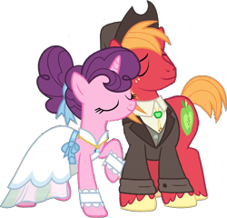 Size: 870x836 | Tagged: safe, edit, edited screencap, editor:pascalmulokozi2, screencap, big macintosh, sugar belle, earth pony, unicorn, g4, my little pony: friendship is magic, season 9, the big mac question, bolo tie, clothes, cowboy hat, dress, dress shirt, female, hat, horn, male, mare, marriage, married couple, not a vector, ship:sugarmac, shipping, shirt, simple background, smiling, stallion, straight, suit, transparent background, vest, wedding, wedding dress, wedding suit