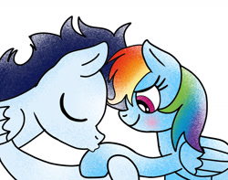 Size: 1280x1007 | Tagged: safe, artist:mrsdashskies, rainbow dash, soarin', pegasus, pony, blushing, female, hoof kissing, kissing, male, mare, ship:soarindash, shipping, stallion, straight