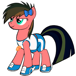 Size: 1024x1024 | Tagged: artist needed, safe, oc, oc only, earth pony, pony, athletic, avatar maker: pony, bow, clothes, earth pony oc, female, hair bow, mare, mismatched mane and tail, shoes, shorts, sneakers, sports shorts, tank top, whistle, whistle necklace